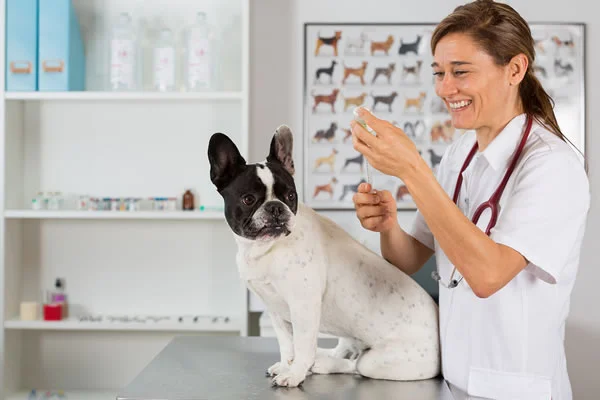 Perro en el veterinario para chequeo de salud, vacunas y verificación de microchip antes de viajar